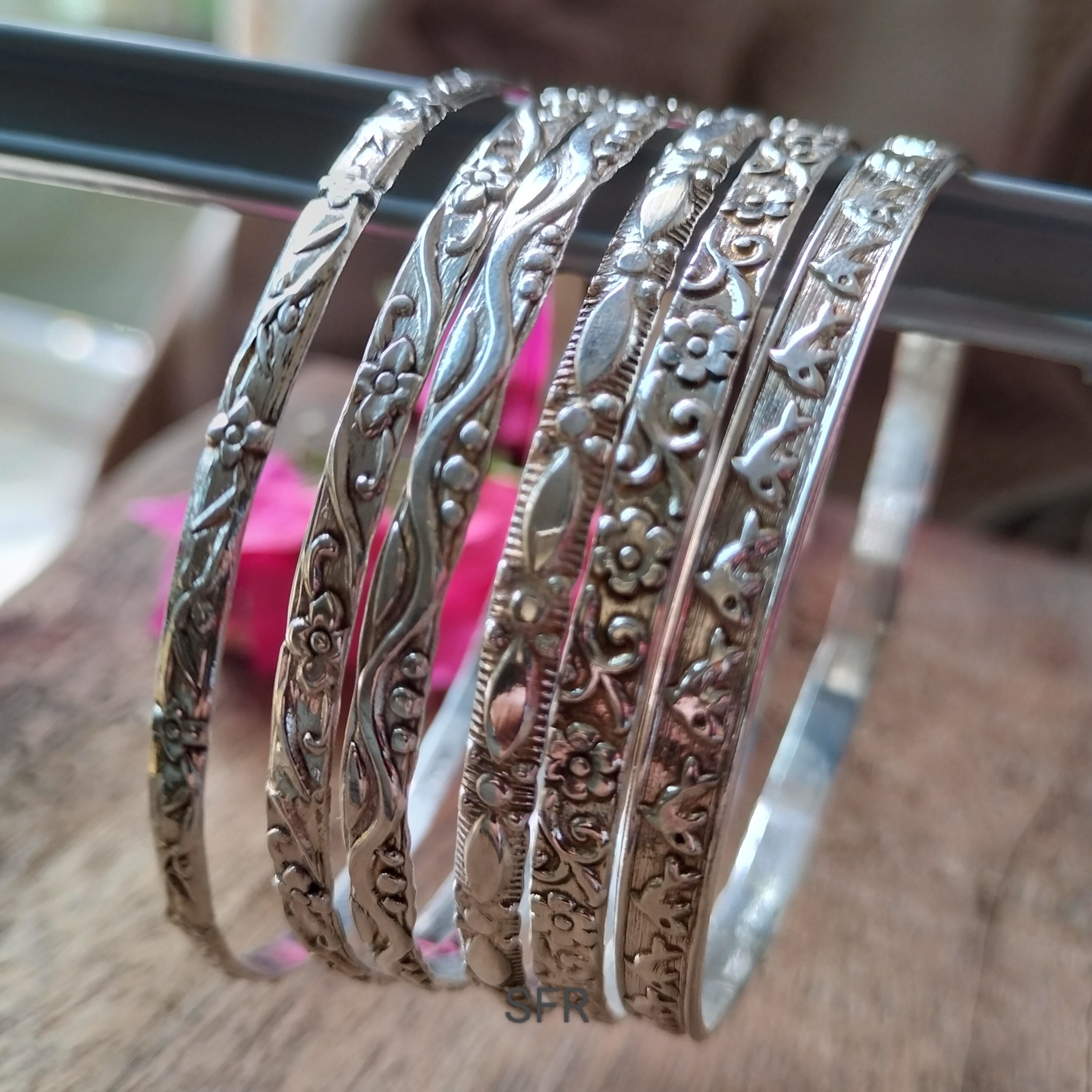 Handmade Sterling Silver Bangle Set: Floral Stacking Bangles - Etsy