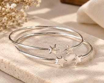 Sterling Silver Star Bangle Set, Dainty Celestial Bangles, Minimalist Jewelry
