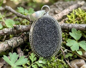 Sterling Silver Black Druzy Pendant Necklace, Oval Braided Rope Border, Boho Hippie Style