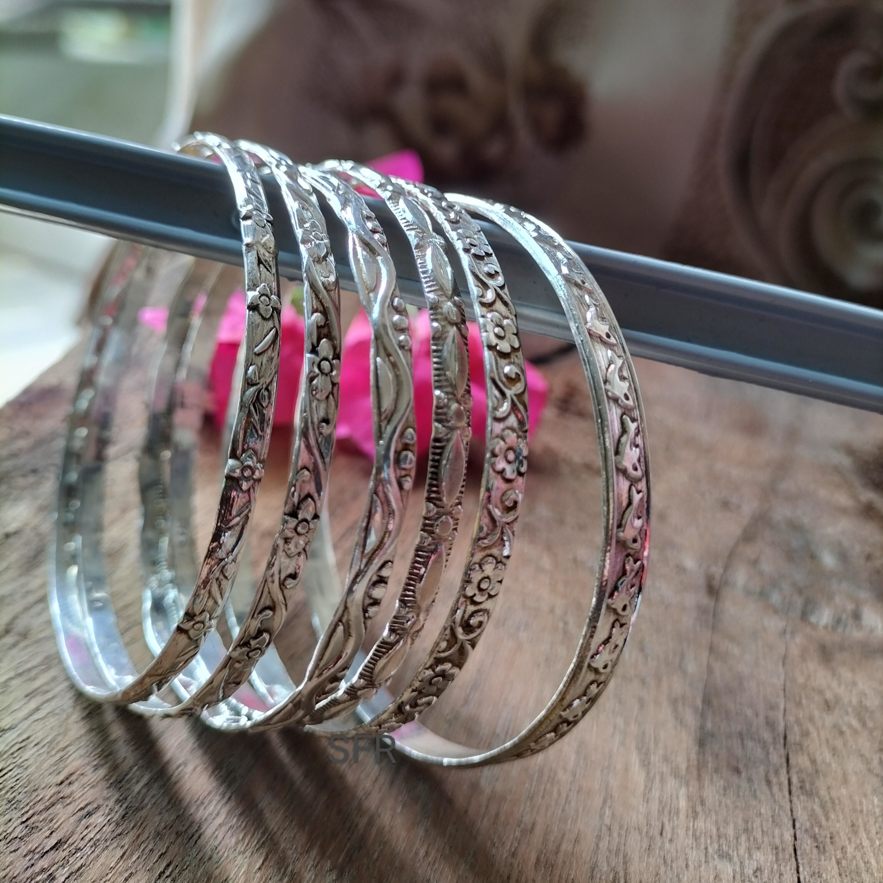 Handmade Sterling Silver Bangle Set: Floral Stacking Bangles - Etsy