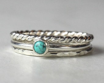 Turquoise Ring // Sterling Silver Turquoise Stacking Ring Set // 3mm Turquoise Ring // December Birthstone Ring // Gemstone Ring