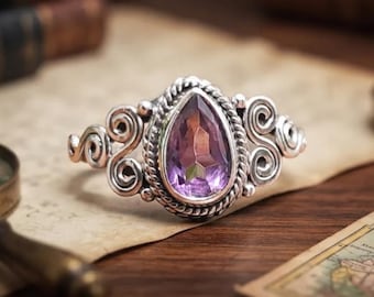 Sterling Silver Amethyst Ring, Filigree Scroll Design, Boho Style