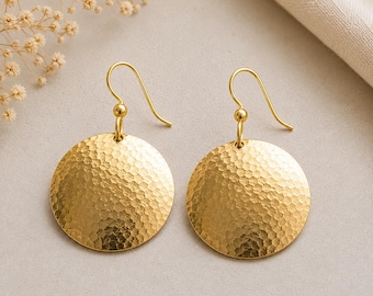 Handmade Brass Hammered Disc Earrings, Boho Dangle Drop Jewelry