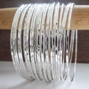 Set of 7 Sterling Silver Hammered Stacking Bangles: Boho Style