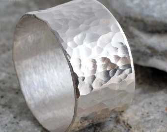 Sterling silver handmade 10mm hammered band ring 925 hammer finish silver ring.