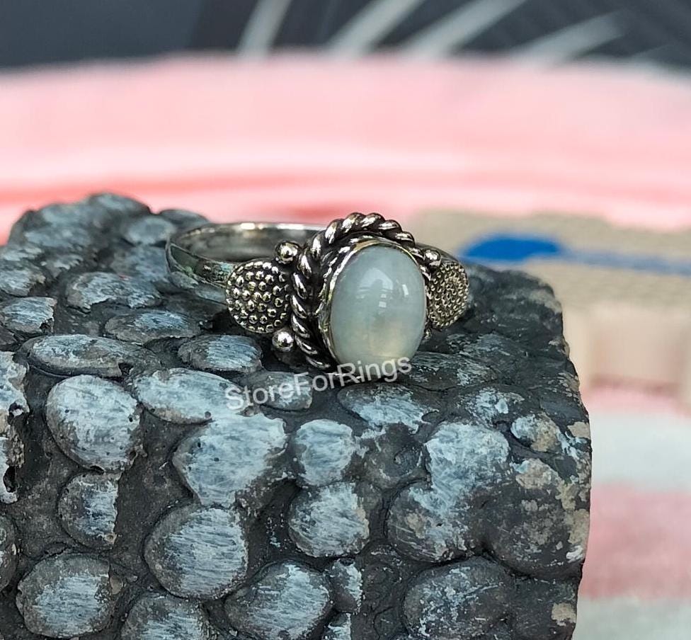 Full Finger Moonstone Ring - 925 Sterling Silver, Bohemian Chunky Oval Stone Ring