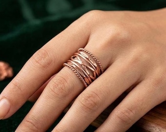 Copper Wrap Ring, Handmade Twisted Copper Band Ring, Wavy Openwork Statement Ring, Rustic Boho Jewelry, Artisan Copper Jewelry Gift