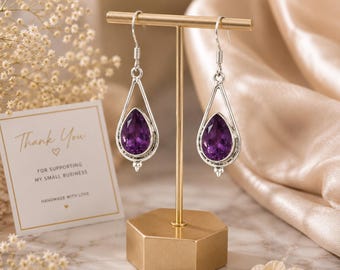 Natural Amethyst Earrings-Handmade Silver Earrings-925 Sterling Silver-Teardrop Amethyst Earrings-February Birthstone-Dangle Drop Earrings