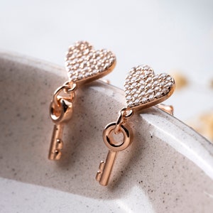 Stunning Love Heart, Key Earrings, Heart with Key Earrings, Silver Earrings