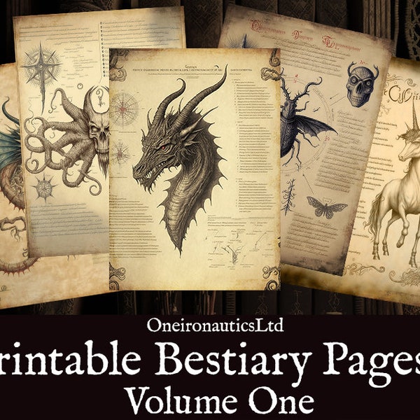 Bestiary pages: Vol 1, printable scroll, digital download, scrapbooking