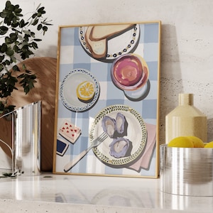 Oyster Print, Oyster Painting Wall Art, Kitchen Cooking Wall Art, Instant Download, Blue Tiled Wall Art, Food Print, Still Life Print