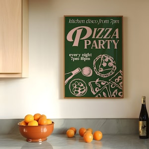 Wydruk żywności, Pizza Party Wall Art, Kitchen Disco Cooking Wall Art, Natychmiastowe pobieranie, Zielono-różowa sztuka ścienna, Wydruk żywności, Retro Still Life Print