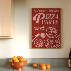 Wydruk żywności, Pizza Party Wall Art, Kitchen Disco Cooking Wall Art, Natychmiastowe pobieranie, Red Pink Wall Art, Wydruk żywności, Retro Still Life Print