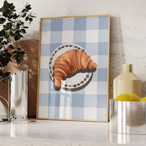 Croissant Print, Croissant Painting Wall Art, Kitchen Cooking Wall Art, Instant Download, Blue Tiled Wall Art, Food Print, Still Life Print