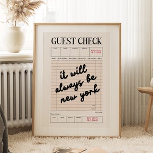 Wydruk czeku gościa, minimalistyczna sztuka ścienna do druku, Always Be New York, sztuka ścienna do kuchni i salonu, natychmiastowe pobranie, sztuka ścienna czeku gościa