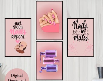 Nails Salon Decor Wall Art, Modern Wall Art, Beauty Salon Posters Printable, Manicure Room Design, Digital Download, Gallery Wall Set of 4