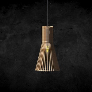 May include: A wooden pendant light with a cylindrical top and a flared bottom. The light is made of thin wooden slats that are arranged in a radial pattern.
