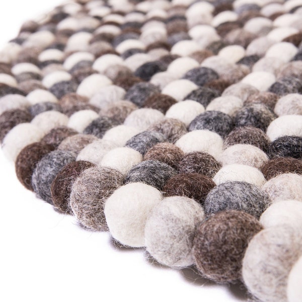 Tapis de boules de feutre en pure laine, rond, laine naturelle, fait main, gris naturel