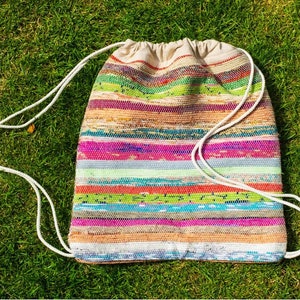 Bag Made in Nepal, Fairtrade, drawstring bag, upcycled drawstring bag, bag, handmade by Nepalese women&#39;s initiative