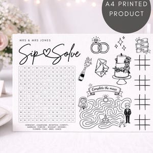Könnte beinhalten: A4-gedrucktes Hochzeits-Aktivitätsblatt mit einem Wortsuchrätsel, einem Labyrinth und Tic-Tac-Toe. Enthält den Text "Sip & Solve", Illustrationen zum Thema Hochzeit und die Namen "Mrs & Mrs Jones".