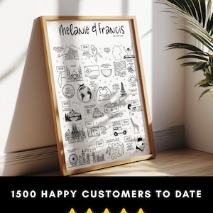 May include: A framed black and white print with the names "Melanie & Francis" at the top. The print features illustrated icons and text detailing significant dates and events. The bottom of the frame displays the text "1500 HAPPY CUSTOMERS TO DATE" with five gold stars.