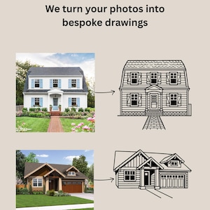 May include: Image showcasing the text "FULLY PERSONALISED" and "We turn your photos into bespoke drawings." Below, a photo of a white house with blue shutters is next to a line drawing of the same house. Below that, a photo of a brown house is next to a line drawing of the same house.