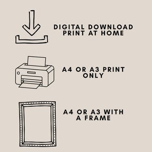 May include: An image with the text "FINISH OPTIONS" at the top. Below are three options: "DIGITAL DOWNLOAD PRINT AT HOME", a printer with the text "A4 OR A3 PRINT ONLY", and a framed image with the text "A4 OR A3 WITH A FRAME".