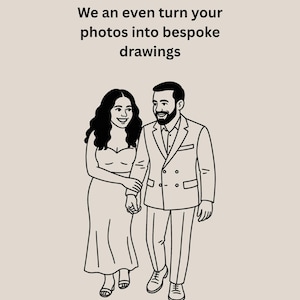May include: Black and white line drawing of a couple holding hands, walking forward. The woman wears a long dress, and the man wears a suit. Text at the top reads "FULLY PERSONALISED" and "We an even turn your photos into bespoke drawings."