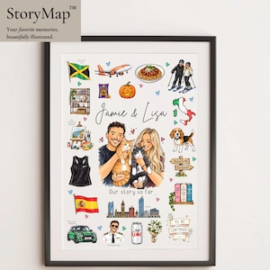 May include: A framed custom illustration titled Jamie & Lisa Our story so far, featuring a central couple with two cats surrounded by colourful icons including a Jamaican flag, airplane, pumpkin, spaghetti, map of Italy, beagle, and city skyline.