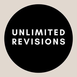 May include: A black circle with the words "UNLIMITED REVISIONS" in white, centered. The background is a light beige color. The text is in a sans-serif font.