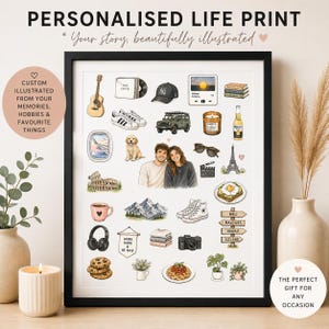 May include: A framed print featuring illustrations of a guitar, trainers, a car, a dog, and a couple. The print has the text "PERSONALISED LIFE PRINT" and "Your story, beautifully illustrated". Additional text includes "CUSTOM ILLUSTRATED FROM YOUR MEMORIES, HOBBIES & FAVOURITE THINGS".