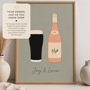 Op de afbeelding: Een ingelijste kunstdruk op een saliegroene achtergrond met een zwart pintglas en een perzikkleurige wijnfles met een illustratie van een haan op het etiket. Onder de drankjes staat de tekst Joey & Louise in een zwart cursief lettertype.