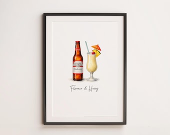 Impresión de bebidas personalizadas, ilustraciones de cócteles y cervezas personalizadas, impresión de bar para él y para ella, arte mural de cocina para parejas, regalo de aniversario, regalo de boda