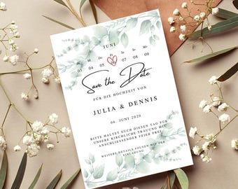 Save the date, wedding, invitation, wedding invitation, eucalyptus, white and green, template, download