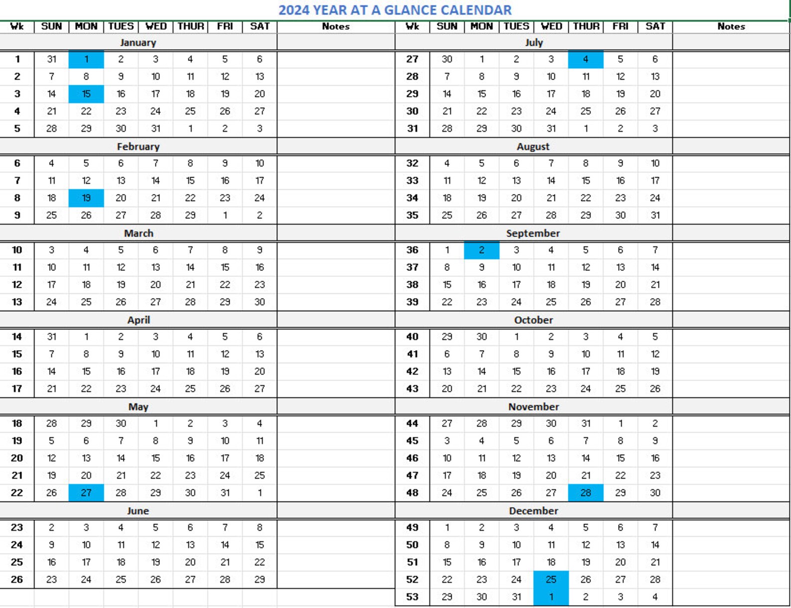 Simple Editable Printable Year at a Glance Spreadsheet Calendar - Etsy