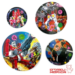 May include: Four vintage Japanese anime character collectible discs. The discs feature colorful illustrations of robots and characters from the anime series. The discs are round with various Japanese text and numbers.