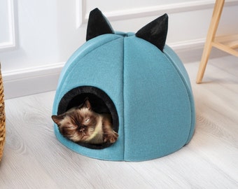 Gezellige kattenhut met oren | Grot voor kat | Zacht bed voor katten | Kattentent | Esthetische kattengrot | Meubels voor huisdieren | Cat House Nap