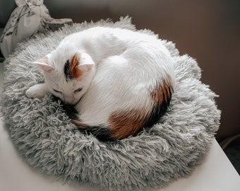 Lit rond moelleux pour chat donut - coussin de meubles chat - lit chaud personnalisé pour chat - oreiller hirsute lavable - lit calmant pour chat - lit pour chat - lit pour chaton