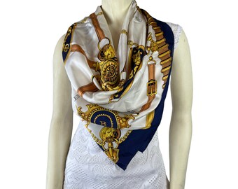 Foulard En Soie Vintage Pierre Baccara Paris - 90x90 Cm, Vert Et Marron, Carré élégant