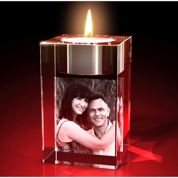 Personalisiertes Glasfoto Geschenk für die Liebe(n) Teelicht, USB-Stick, Led Leuchte, mit eigenen Bild, Kristallglas mit Innengravur in 2D