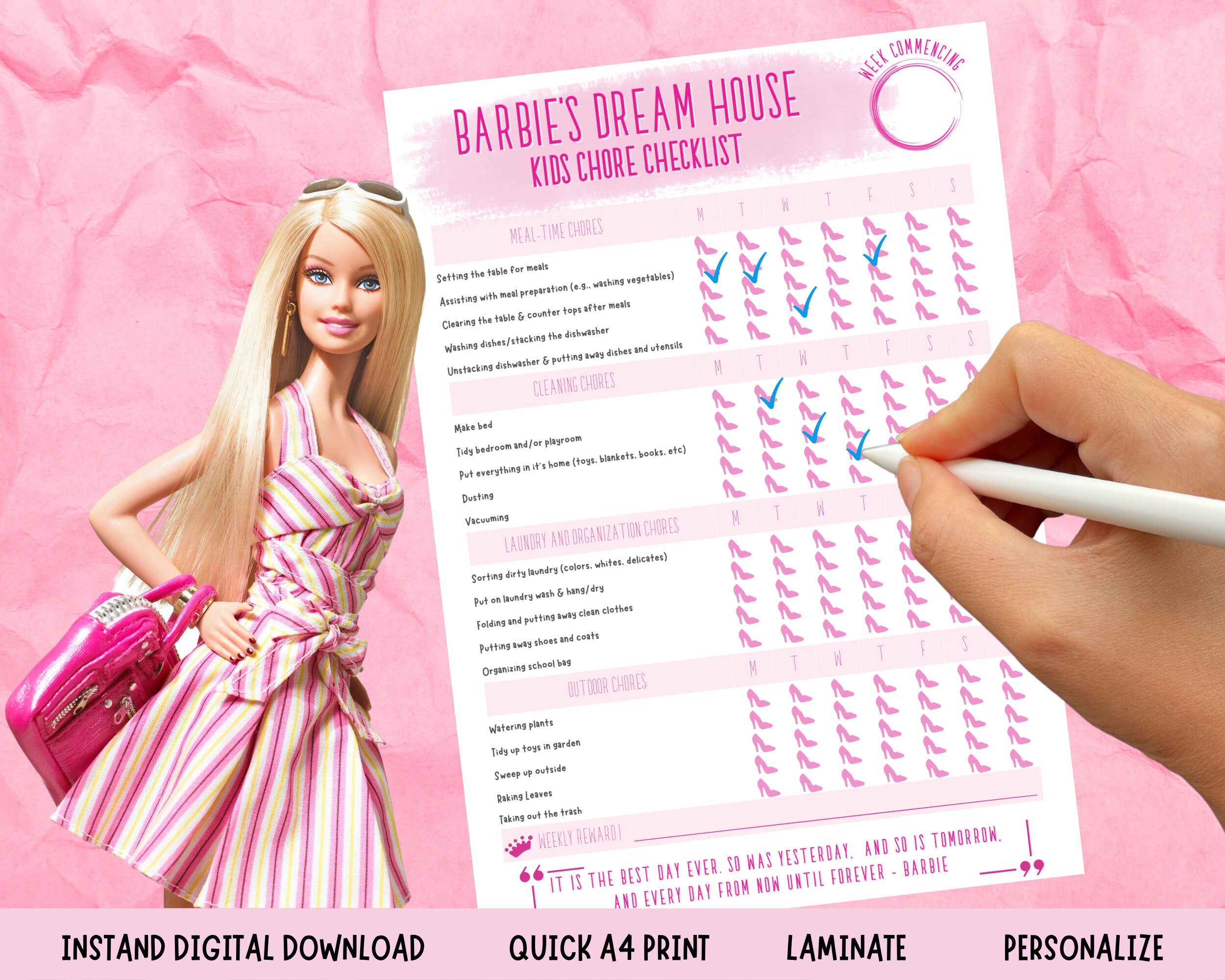 Barbie's Dream House Weekly Chore Chart Printable for - Etsy