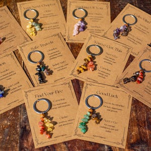 May include: A collection of keychains with various colorful gemstone clusters. Each keychain is attached to a small, brown card with text. The cards are arranged on a wooden surface, showcasing a variety of designs and purposes.