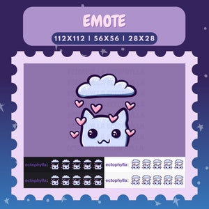 Puede incluir: Un gato de dibujos animados con corazones rosas que llueven de una nube azul. El gato tiene un cuerpo azul claro, orejas rosas y ojos negros. El fondo es un degradado morado con estrellas blancas.