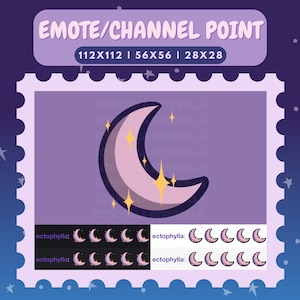 Puede incluir: Una luna creciente púrpura con estrellas amarillas sobre un fondo púrpura. La imagen está rodeada por un borde blanco con un borde festoneado. El texto "EMOTE/CHANNEL POINT" está en la parte superior de la imagen. El texto "112X112 | 56X56 | 28X28" está debajo de la primera línea de texto. El texto "ectophylla: CCCCC ectophylla: CCCCC" está en la parte inferior de la imagen.