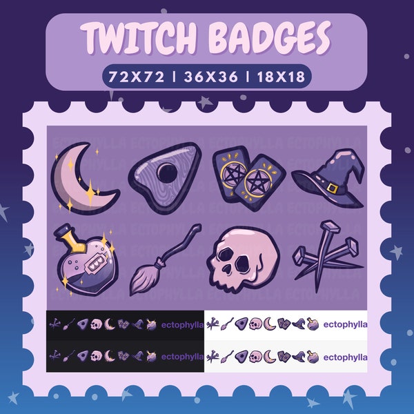 8 unique witchy twitch subscriber badges | tarot, cute, skull, goth, ouija, celestial