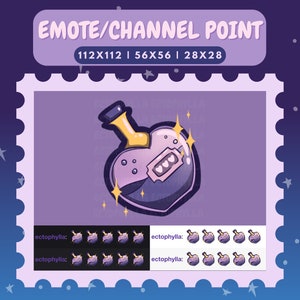 witchy love potion emote, channel point icon | twitch, discord, youtube, pastel, bottle, hearts, purple, occult, goth