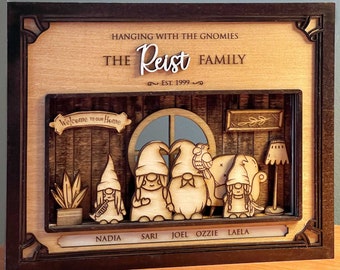 Personalized Hanging With The Gnomies Interchangeable Gnome Family Wood Frame With Holiday Backgrounds Holder