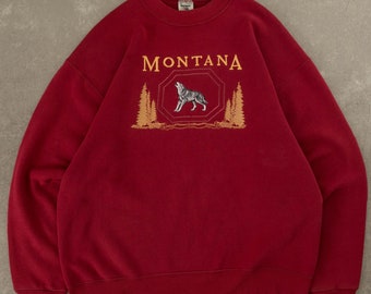 Sweat-shirt brodé Montana vintage des années 1990 fabriqué aux États-Unis XL rouge