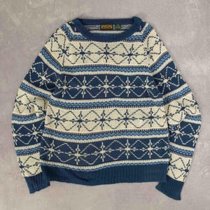 Vintage Patterned Knitted Jumper M Acrylic Womens Blue Sweater