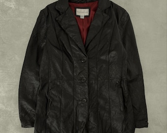 Vintage Crinkle Leather Jacket Graphic Logo Medium Black